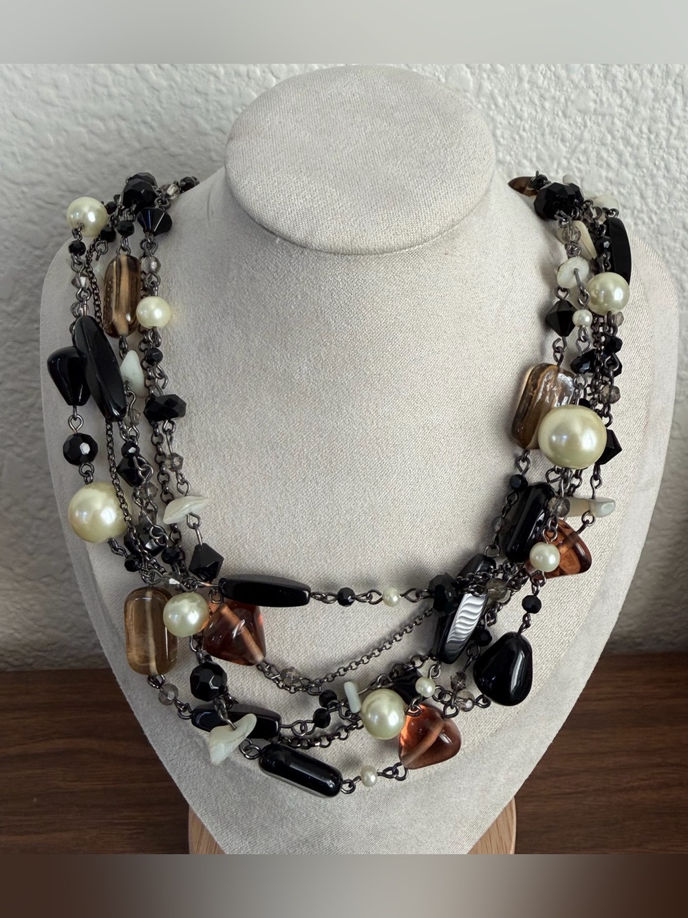 Lia Sophia Necklace, Multi Strand Chains with Black and White Beads Faux Amber
